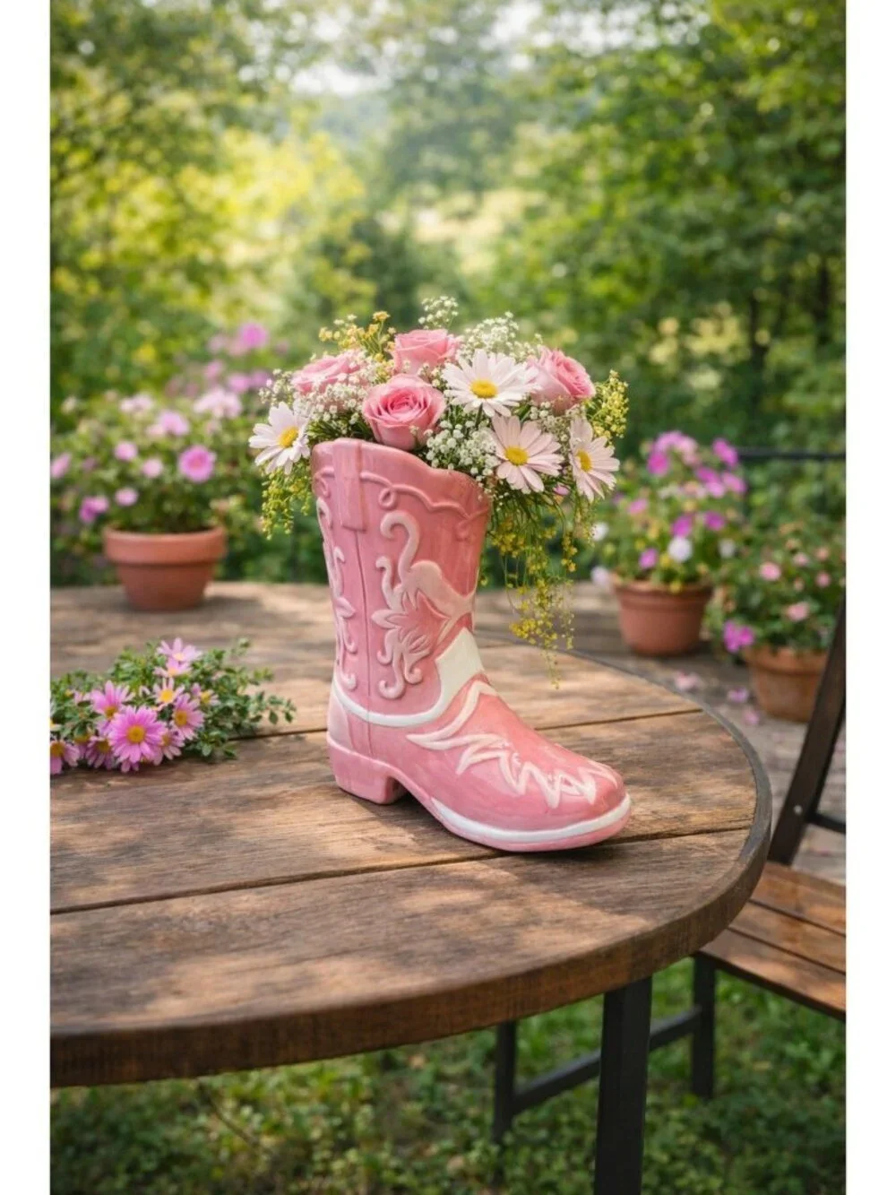 New Pink / White Western Cowgirl Boot Decorative Flower Table Vase Room Decor